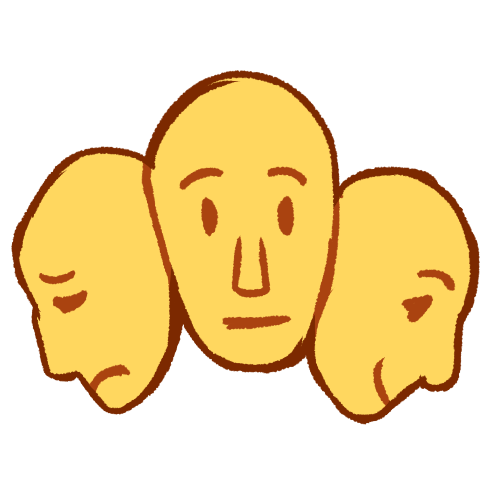 three faces next to each other, with one looking left, one looking right, and one looking forwards. the face on the left is sad, the one on the right is happy, and the one in the middle is neutral. it's colored yellow, with brown lineart.